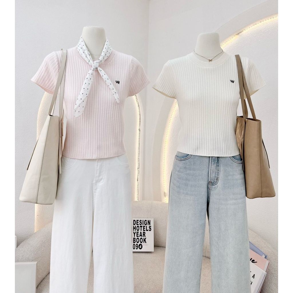 WA YA เสื้อยืดคอกลม ไหมพรมผ้าร่อง