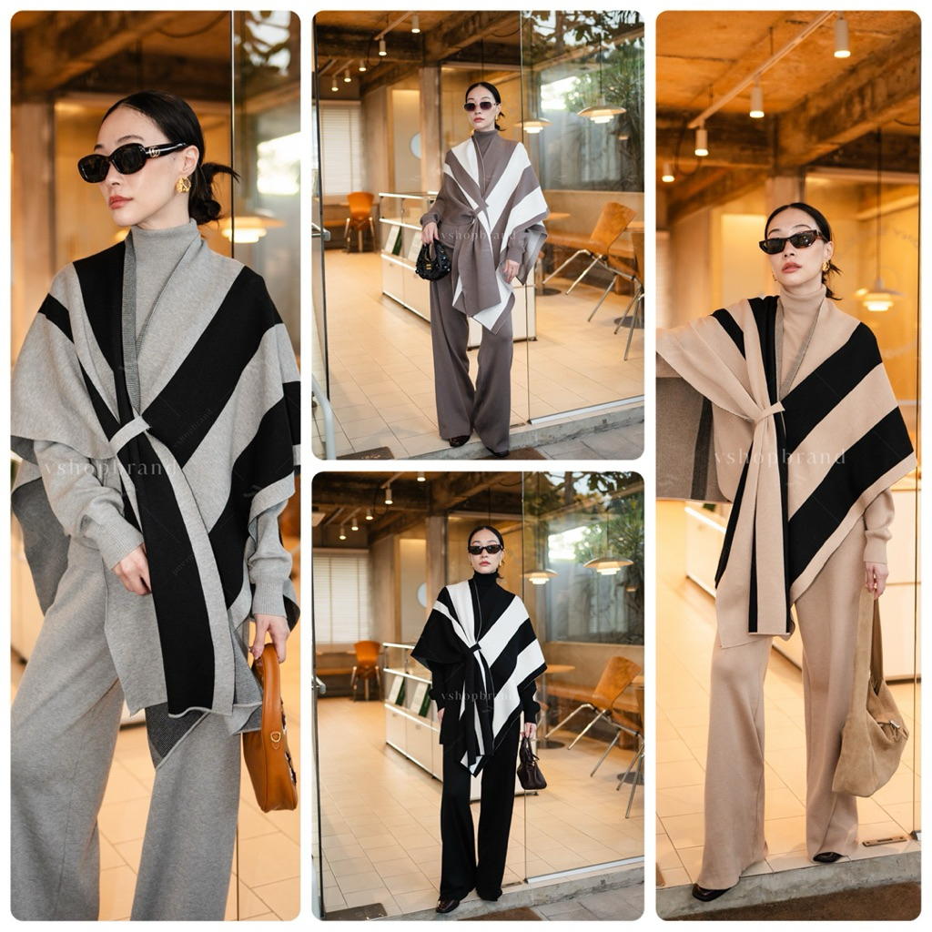 Vshop #8175-2 Set เสื้อไหมพรมแขนยาวคอเต่า+กางเกงขายาว+ผ้าคลุมทูโทน