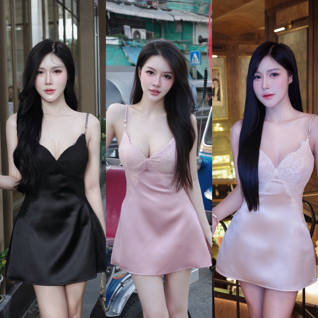 ❣️พร้อมส่ง📌 SUNIDA เดรสสายเพชร แต่งลูกไม้ มีฟองน้ำ ซิปหลัง ใส่ปาร์ตี้ เที่ยว ออกเดท