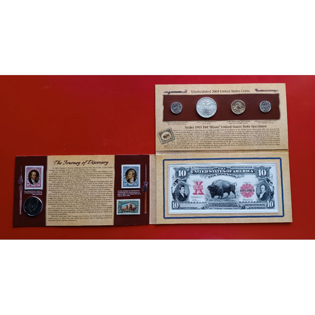 Lewis & Clark Silver Dollar Coin 2004P With Stamp & Currency Set 10 Dollars Specimen Bison Note 1901