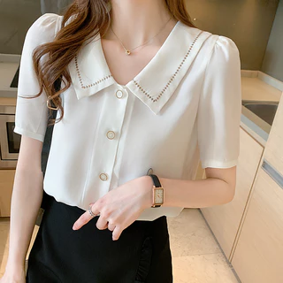 เสื้อเชิ้ตแขนสั้น แต่งปักเย็บตรงปกคอเสื้อ ทรงสวยเข้ารูป ผ้าไหมอิตาลี่ สไตล์มินิมอลเรียบๆ #097