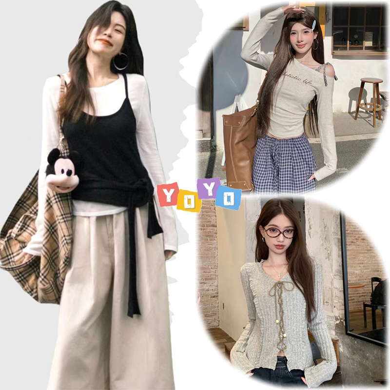 YOYO พร้อมส่ง🌈เสื้อยืแขนยาวผู้หญิง🌈เสื้อ2ชิ้นติดกับ แฟชั่นผู้หญิ เสื้อครอปทรงเข้ารูป สีดำ คอกลม ดีไซน์โปว์ผูกเอว ลำลอง