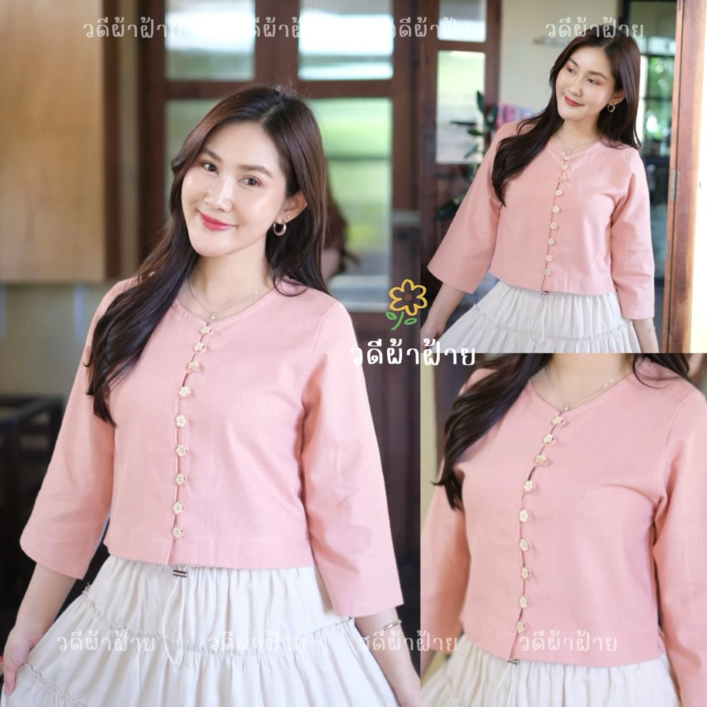 เสื้อคอกลมแขนสามส่วนผ้าฝ้าย รุ่นกระดุมดอกไม้