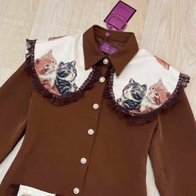 2XL | CLT Brand แรรสแขนยาวสีน้ำตาลแต่งปกใหญ่ลายแมว