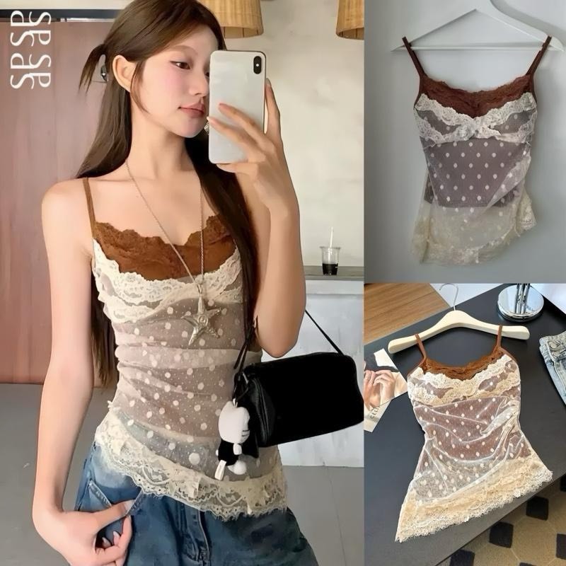 SPND 【พร้อมส่ง】เสื้อซีทรูลูกไม้สายเดี่ยวซ้อนบราลูกไม้สไตล์เกาหลี กระชับทรง โชว์หุ่นสุดจึ้ง มีสีเดียว (1320)