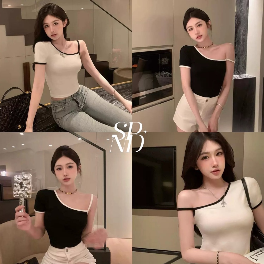 SPND【พร้อมส่ง】เสื้อครอปสายเดี่ยวคอเหลี่ยมขอบทูโทน ใส่แล้วหุ่นเป๊ะห้ามพลาดตัวนี้เลย