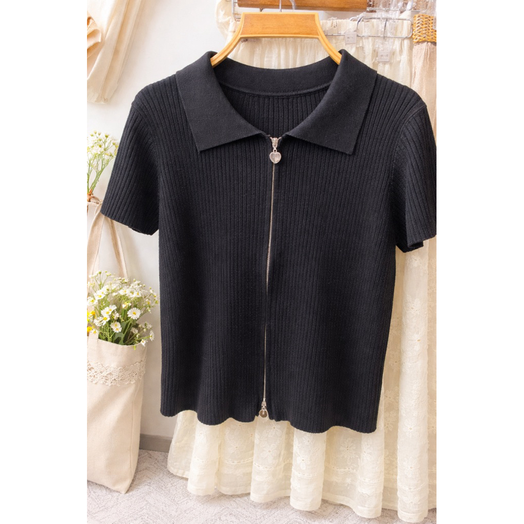 เสื้อไหมพรมคอปก ลายร่อง ซิปหัวใจ Zip 2 - Way