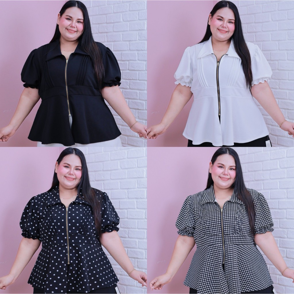 [ ส่งฟรี 🔥 ] A349 เสื้อคอปกซิปทอง แขนตุ๊กตา สาวอวบ ผ้าวูลเวฟ