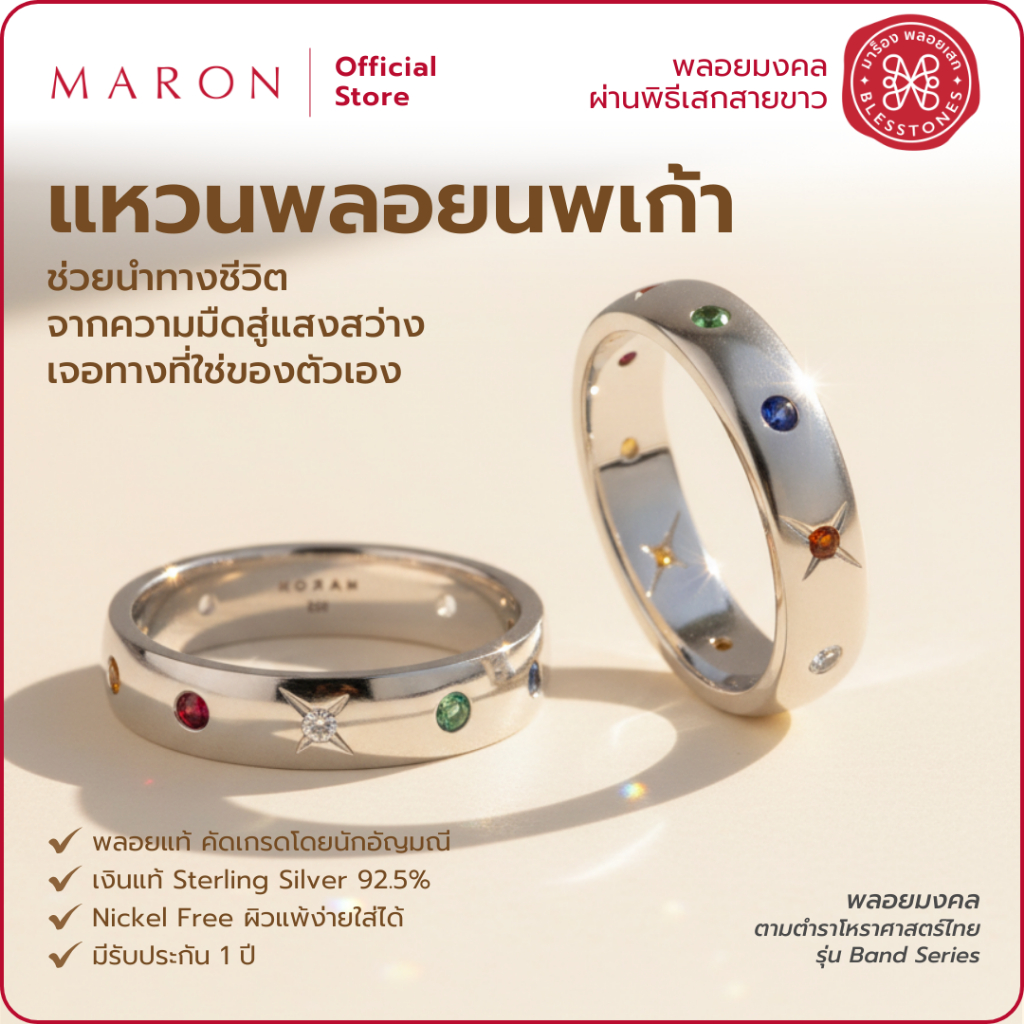 MARON แหวนนพเก้า เสริมดวงชะตา นำทางชีวิต เครื่องประดับพลอยแท้ | Nine Lucky Stars Band Ring 4.5mm. (White Gold)