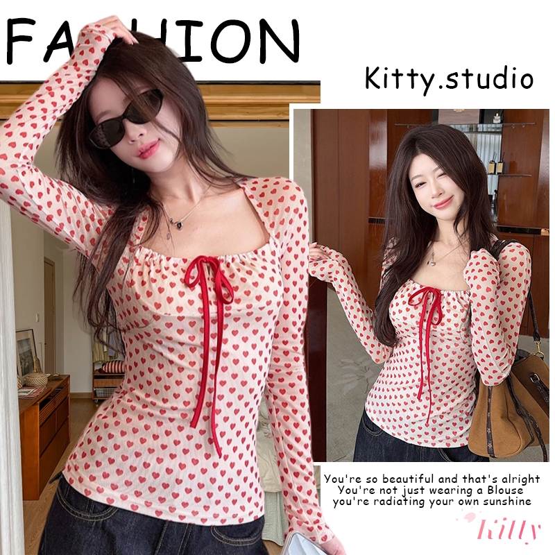 Kitty พร้อมส่ง🌸เสื้อแขนยาวคอวี🌸ลิมิเต็ดลด ทรงเข้ารูปชุดเที่ยว ใส่ปังคริสต์มาส เซ็กซี่ลายหัวใจเด่นสีแดงโบว์ผูกสวยเด่น