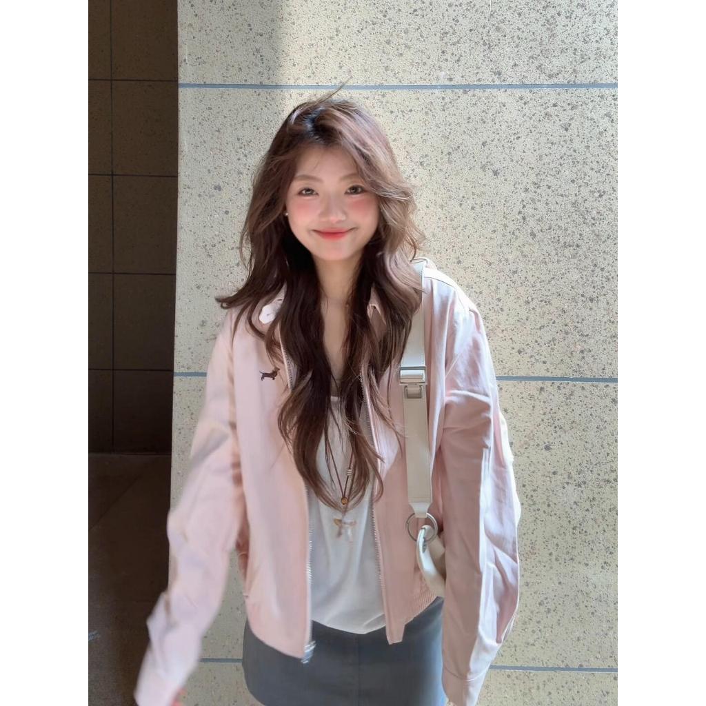 ❤️จัดส่งตลอด 24 ชั่วโมง❤️【xxavc825h0】เสื้อโค้ทแขนยาวปักลายสไตล์เกาหลีเรโทร ทรงหลวม สีชมพู สำหรับผู้หญิง