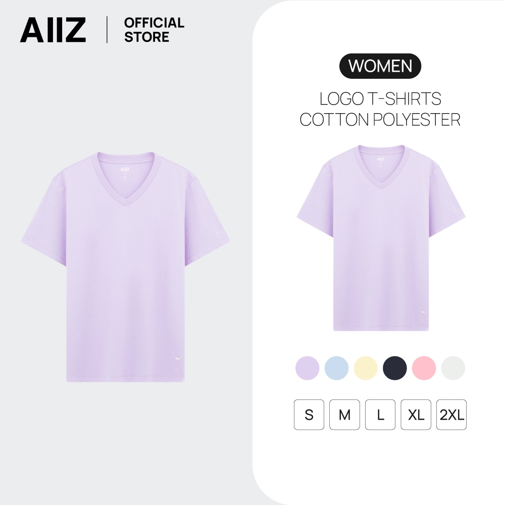 AIIZ เสื้อยืดคอวีผู้หญิงสีพื้น โลโก้ AIIZ T-Shirt