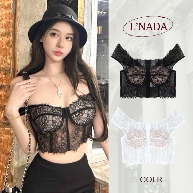 L'NADA【พร้อมส่ง】เสื้อครอปปาดไหล่ คล้องแขน ซีทรูลูกไม้ มีฟองน้ำ