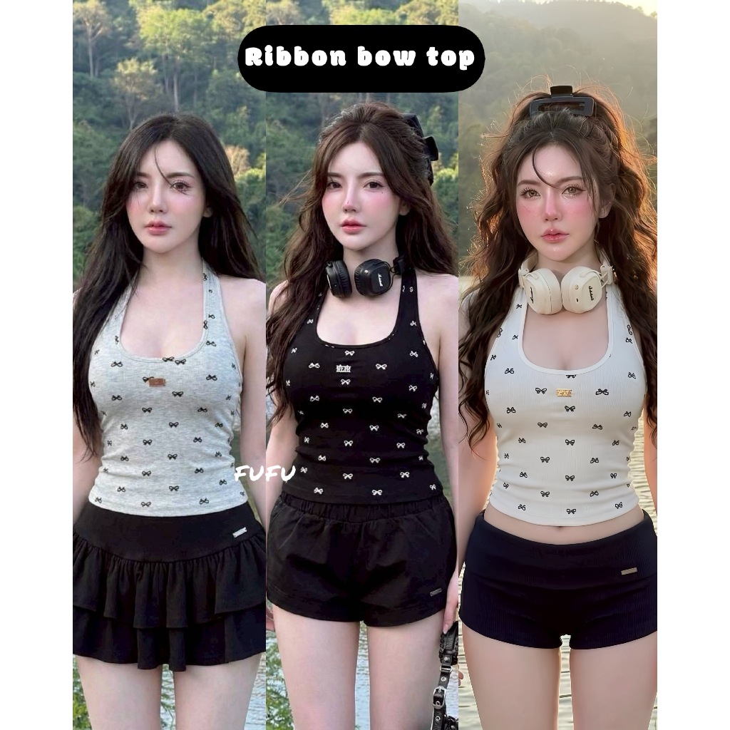 FUFU | Ribbon bow top เสื้อคล้องคอ เสื้อกล้าม เสื้อสายเดี่ยว