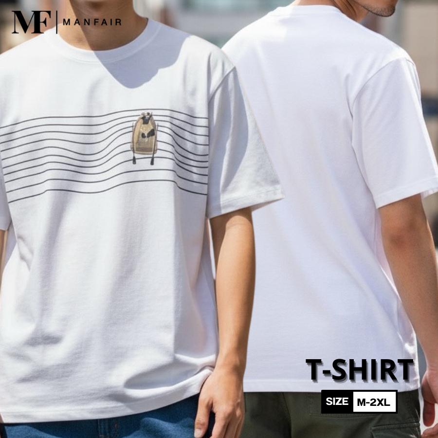 Manfair-เสื้อยืดคอกลมแขนสั้น ลาย Floating Boat ผ้าคอตตอนแท้ สีขาว-สีกรม(MFT01)