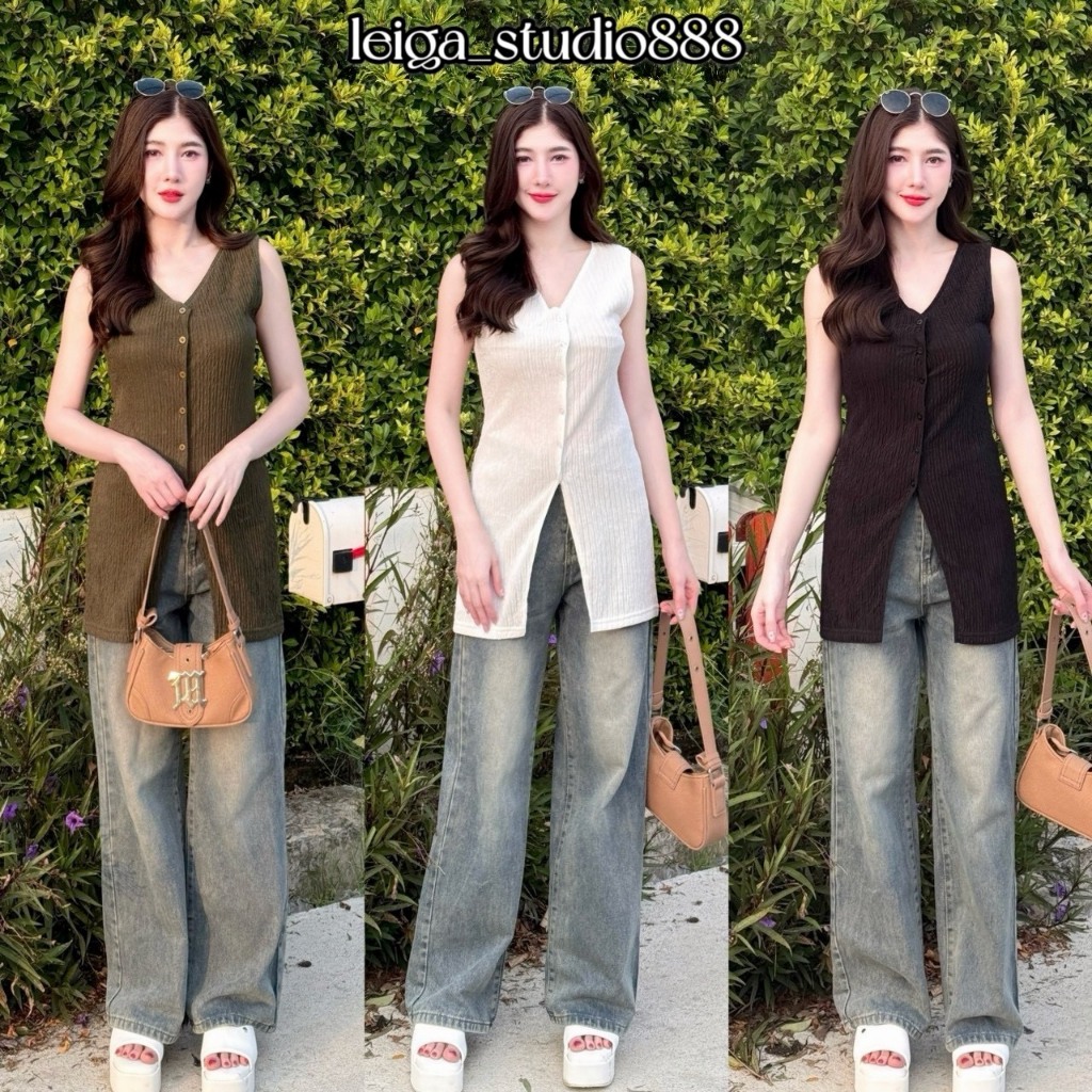 เสื้อแฟชั่น ทรงยาว สไตล์เวียดนาม กระดุมหน้า แขนกุด ใส่เที่ยวคาเฟ่ ใส่แมท A6956