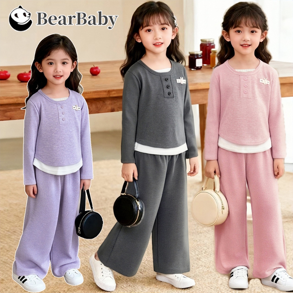 BEAR BABY ชุดสองชิ้นสไตล์เกาหลี นุ่มน่ารัก ทันสมัย ​​สำหรับเด็กผู้หญิง เสื้อผ้าเด็กลำลอง ไซส์80-160