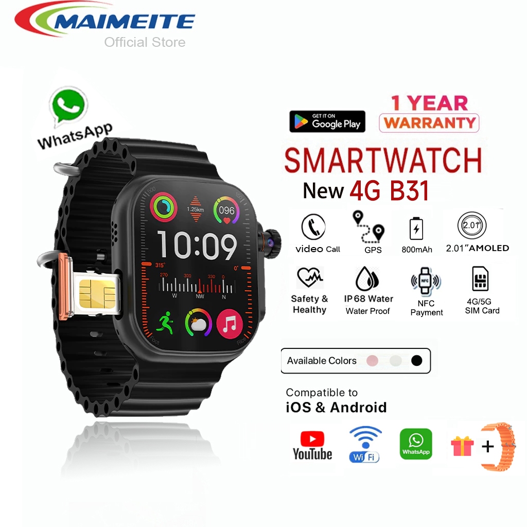 MAIMEITE SmartWatch B31 4G สามารถดู YouTube WiFi Playstore หน้าจอสัมผัส 2.2นิ้ว NFC กันน้ำ IP68 4+64GB วิดีโอโทร GPS