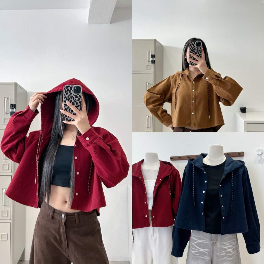 เสื้อฮู้ดแขนยาว ทรงครอป งานผ้าคอตตอนยีนส์หนา