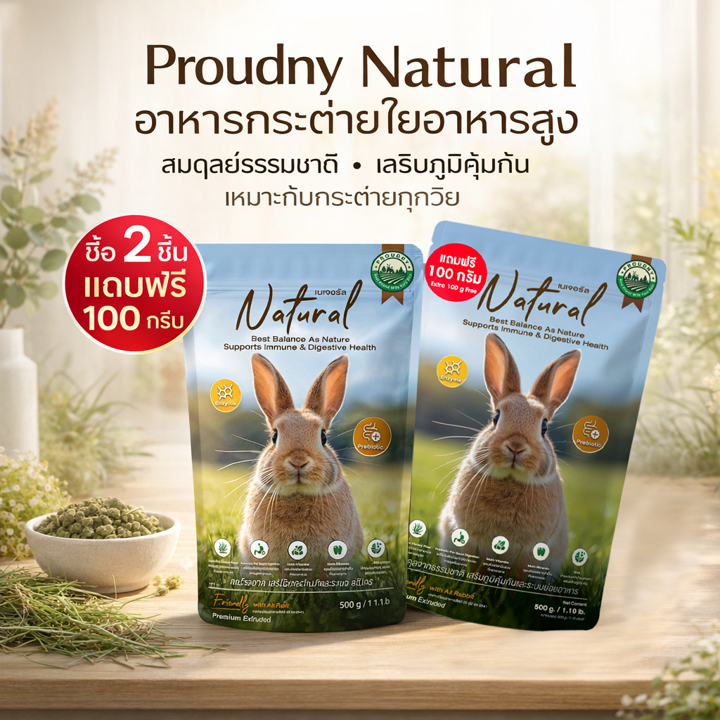 อาหารกระต่าย Natural สูตรเสริมภูมิคุ้มกัน บำรุงทาเดินอาหาร ขนาด 500 กรัมซื้อ 2 แถมฟรี 100 กรัม