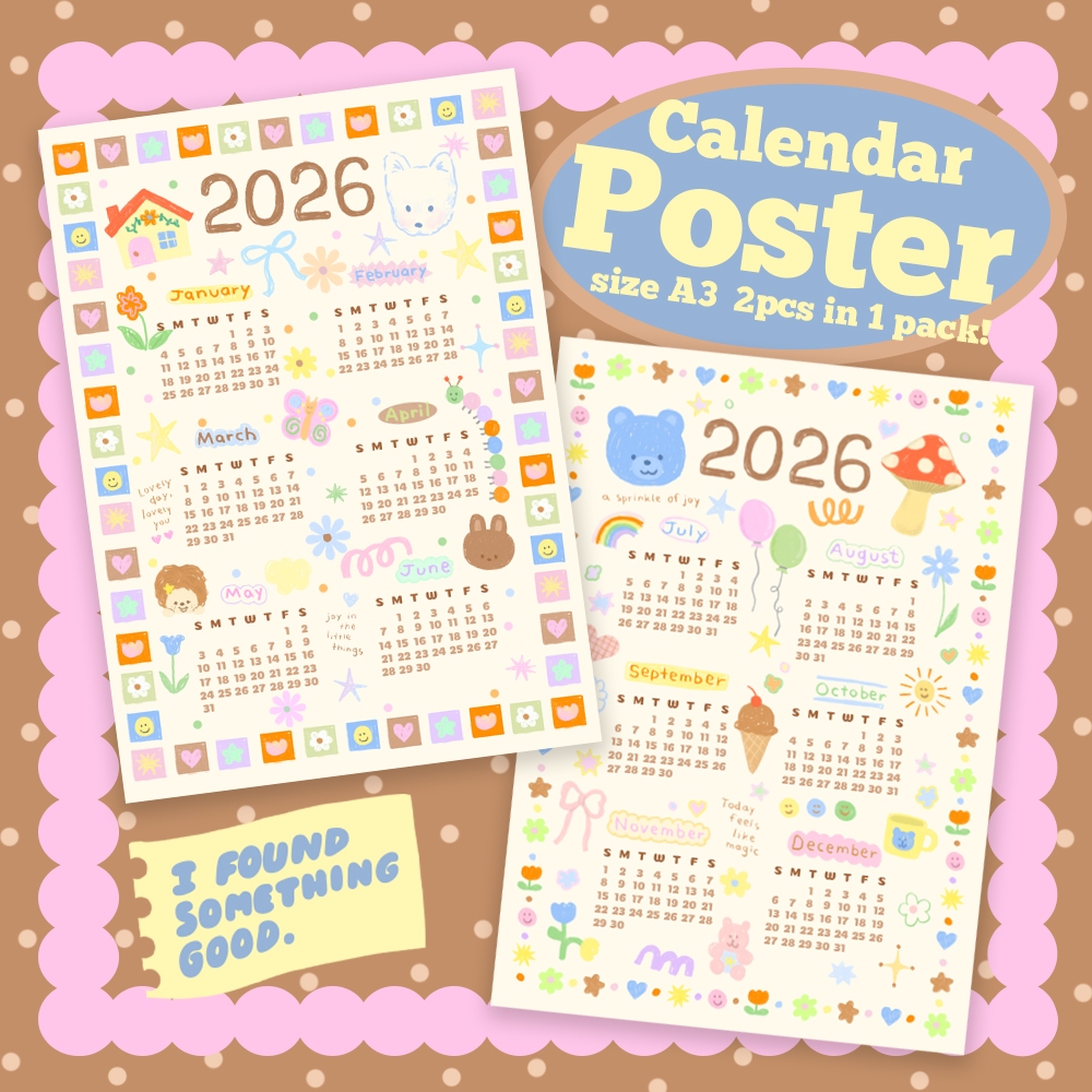 โปสเตอร์ปฏิทินปี 2026/2569 ขนาด A3 1 ชุดได้ 2 แผ่นกระดาษอาร์ตการ์ดแข่งอย่างดี ลายน่ารักออกแบบเองแบ่งติดได้อย่างละครึ่งปี