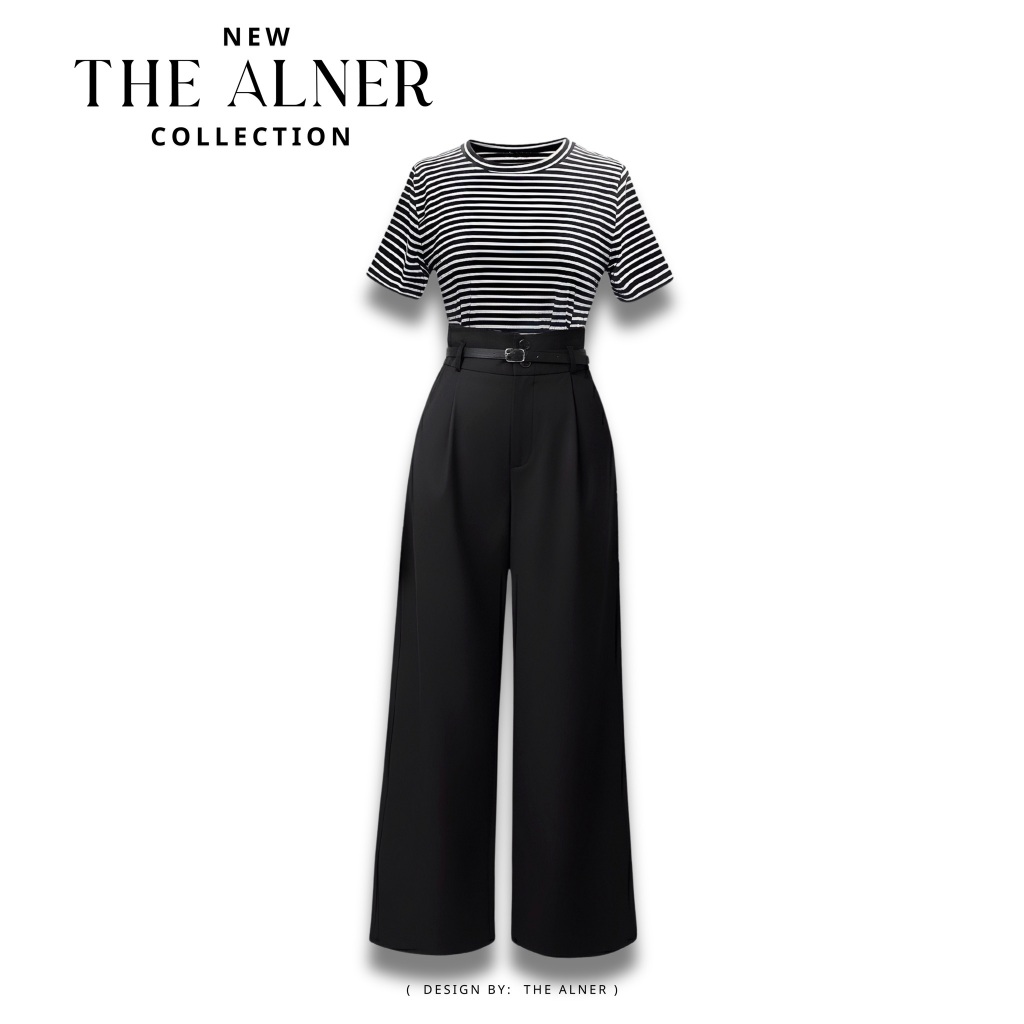 Thealner-AN602 (เซตเสื้อดำลายริ้วแขนสั้นกางเกงขายาว+เข็มขัด)