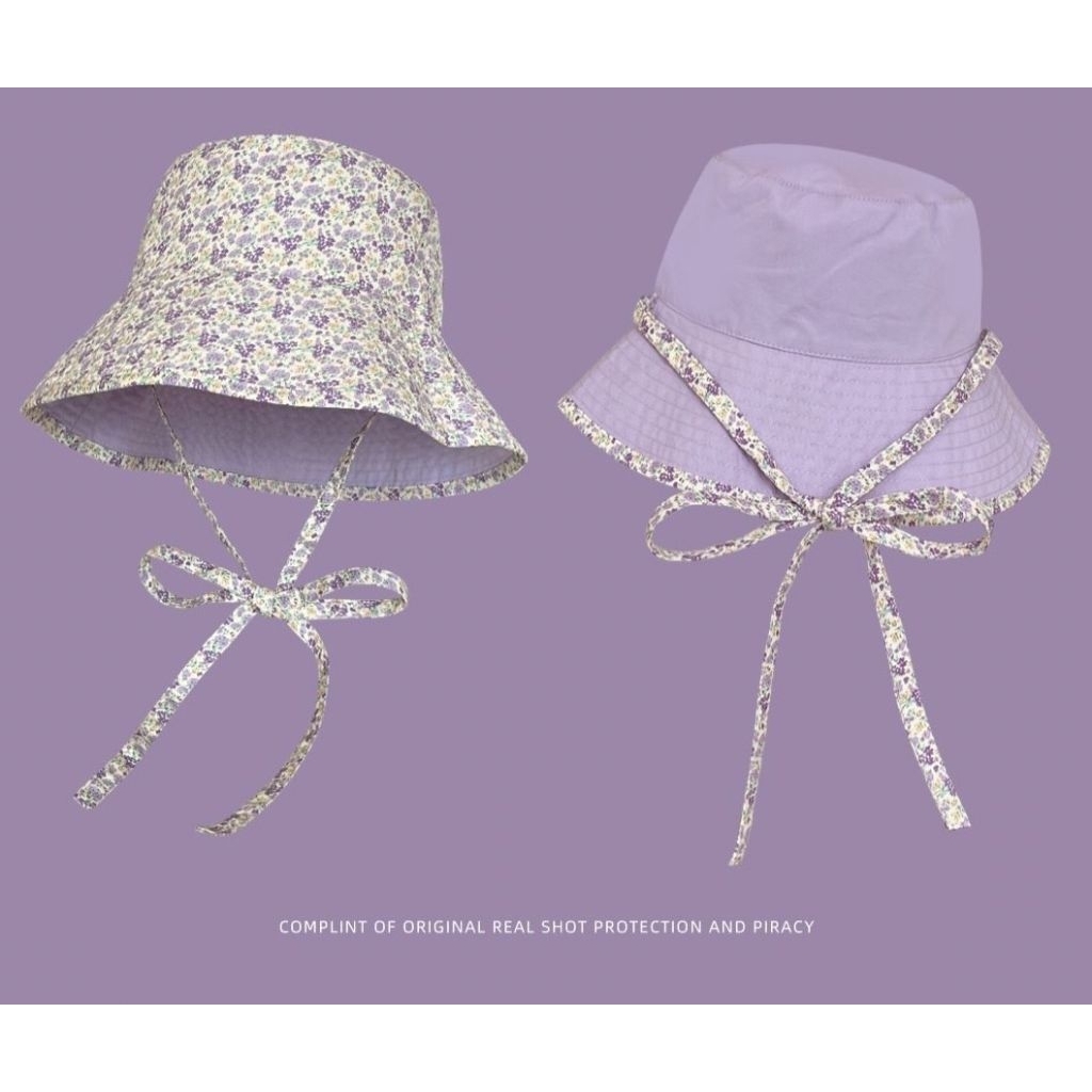 Bucket flower hat หมวกมีม่วงลายดอกไม้น่ารัก ใส่ได้2แบบลายผ้าดอกไม้/สีพื้นม่วงพาสเทล