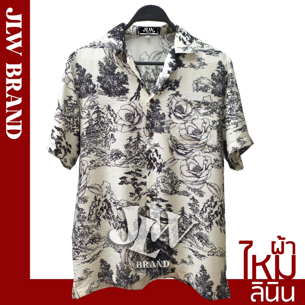 เสื้อฮาวาย ลายป่าขาว ผ้าลินินซิลค์ นิ่ม M L XL Oversize คอฮาวาย JLW BRAND