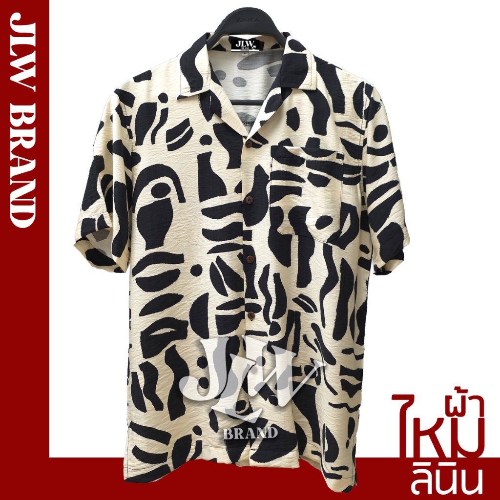 เสื้อฮาวาย ลายขีดโรมัน ผ้าลินินซิลค์ นิ่ม M L XL Oversize คอฮาวาย JLW BRAND