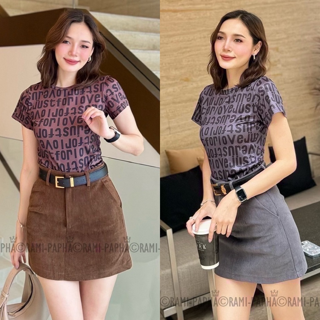 พร้อมส่ง นต.S/เทาSM⚡️RM 7981 ชุดเซทสามชิ้น เสื้อพิมพ์ลายตัวอักษร+กระโปรงกางเกง+เข็มขัด สีน้ำตาล สีเทา