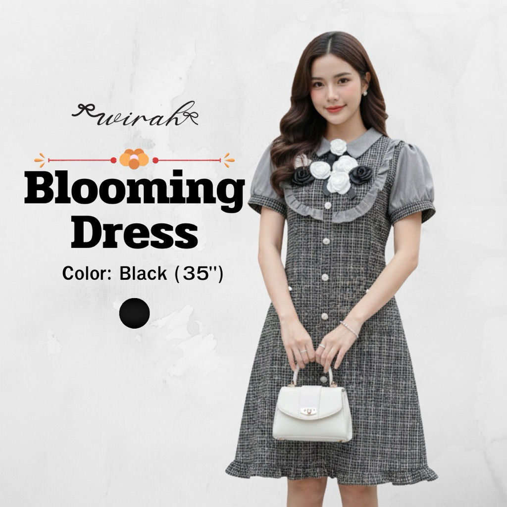 DW102 Blomming Floor ชุดเดรสผ้าทอทวิต พร้อมเข็มกลัดดอกไม้กลางอก 7 ชิ้น