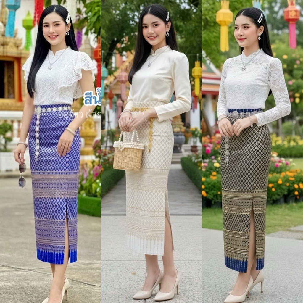 ผ้าถุงสำเร็จรูป ผ้ายืดสกินนี่ ลายไฮโซทรงป้าย ผ้ายืดเอวยืด สวมใส่ได้เลย ไม่มีซิป ไม่มีตะขอ เอวไม่สมอค ผ้าถุงใส่ทำบุญ
