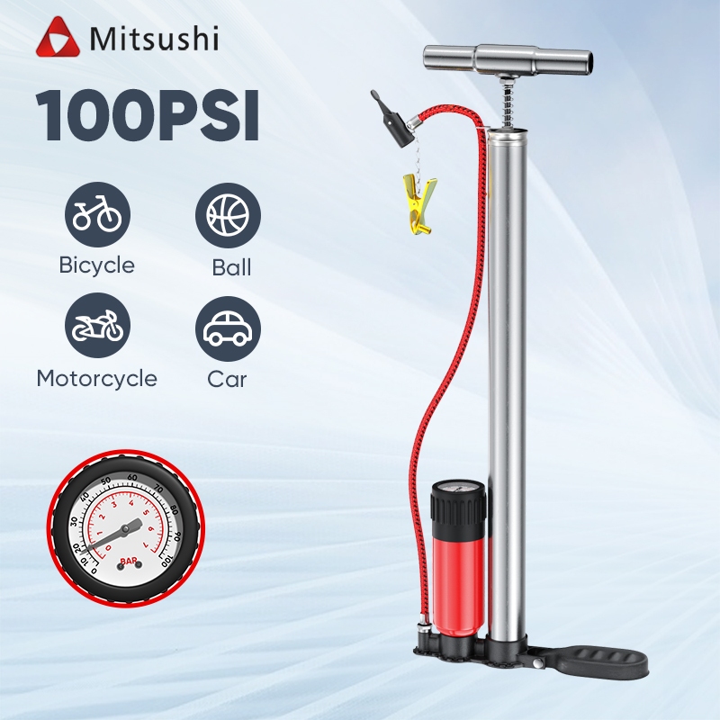 Mitsushi ที่สูบลมจักรยาน ยางรถจักรยานยนต์ ปั๊ม 100 PSI จักรยาน รถจักรยานยนต์ รถยนต์ ปั๊มพร้อมเกจและไม่เด้งกลับAir Pump