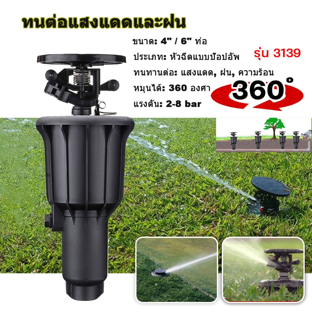OO หัวฉีดน้ำอัตโนมัติ 360 องศา หมุนขึ้นลงเองเมื่อมีน้ำ ใช้กับท่อ PVC 4-6 นิ้ว ไม่รั่ว ประหยัดน้ำ