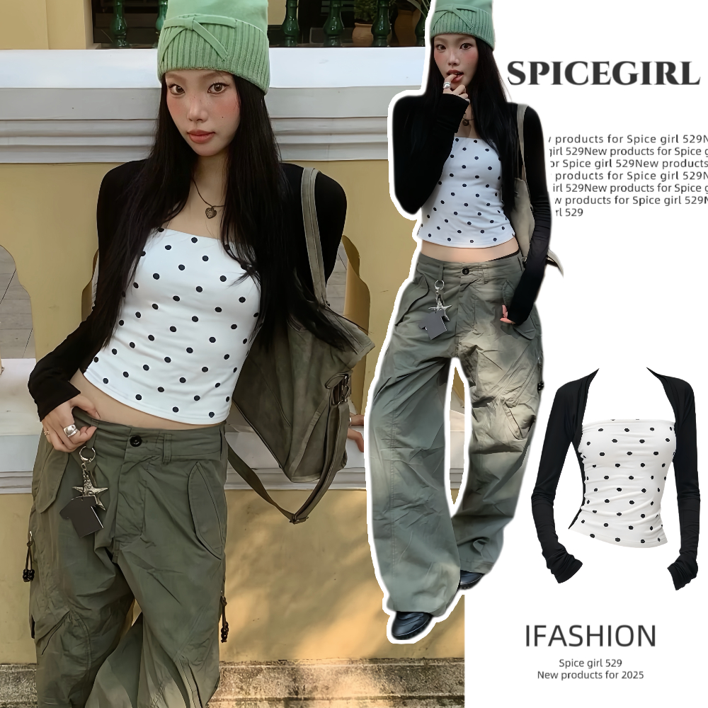 🧸SG🧸ส่งไว🚚เสื้อแขนยาวรัดรูป คอเหลี่ยม ดีไซน์หลอก 2 ชิ้น ลายจุดสีขาวดำ เสื้อผ้าแฟชั่น ทรงสวย เนื้อนุ่ม สไตล์เกาหลี