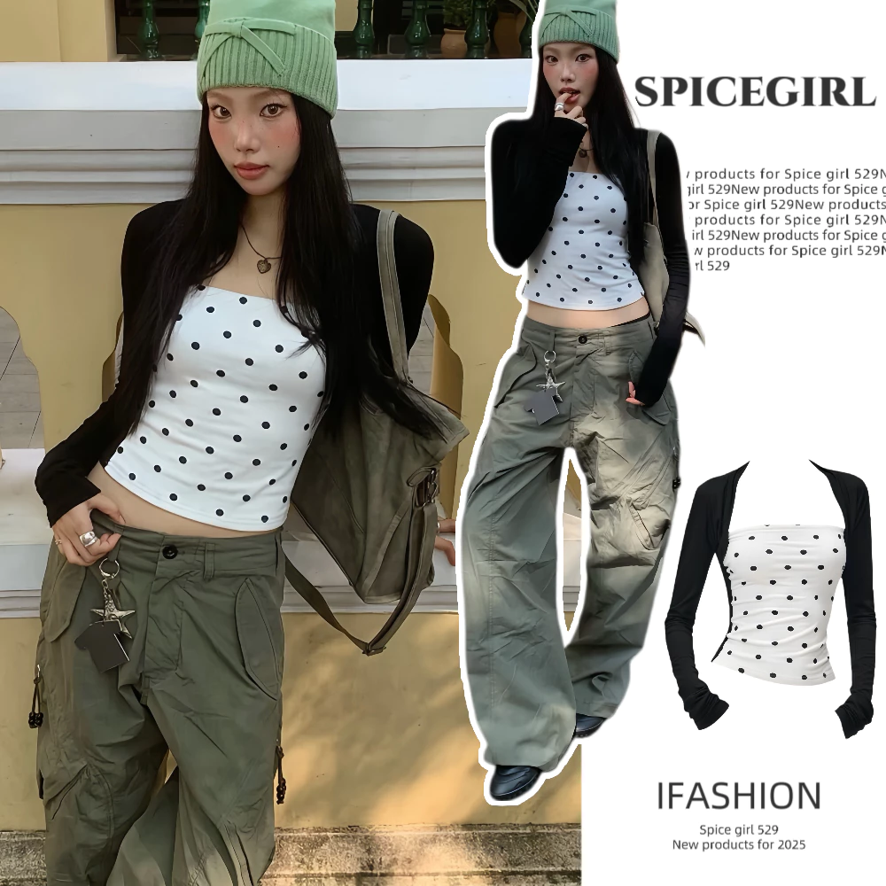 🧸SG🧸ส่งไว🚚เสื้อแขนยาวรัดรูป คอเหลี่ยม ดีไซน์หลอก 2 ชิ้น ลายจุดสีขาวดำ เสื้อผ้าแฟชั่น ทรงสวย เนื้อนุ่ม สไตล์เกาหลี