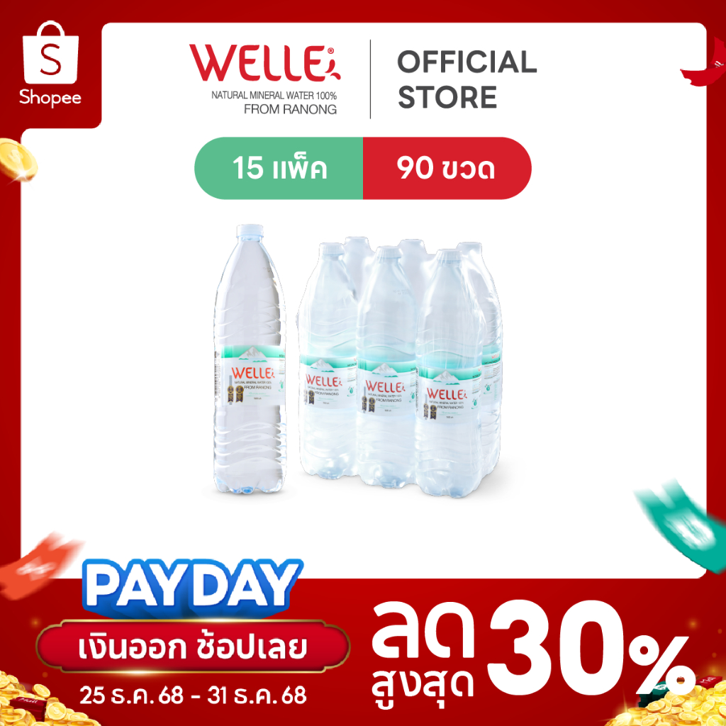 New [5/15 แพ็ค]Welle Mineral Water น้ำแร่เวลล์เล่ 1500 มิลลิลิตร จากแหล่งน้ำแร่ระนอง