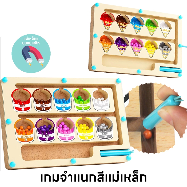 แยกสีลูกปัดแม่เหล็ก เกมกระดานเขาวงกตแม่เหล็ก เกมฝึกสมอง อฝึกลากเส้น ทารกอายุ 2-6 ของของเล่นเสริมพัฒนากา