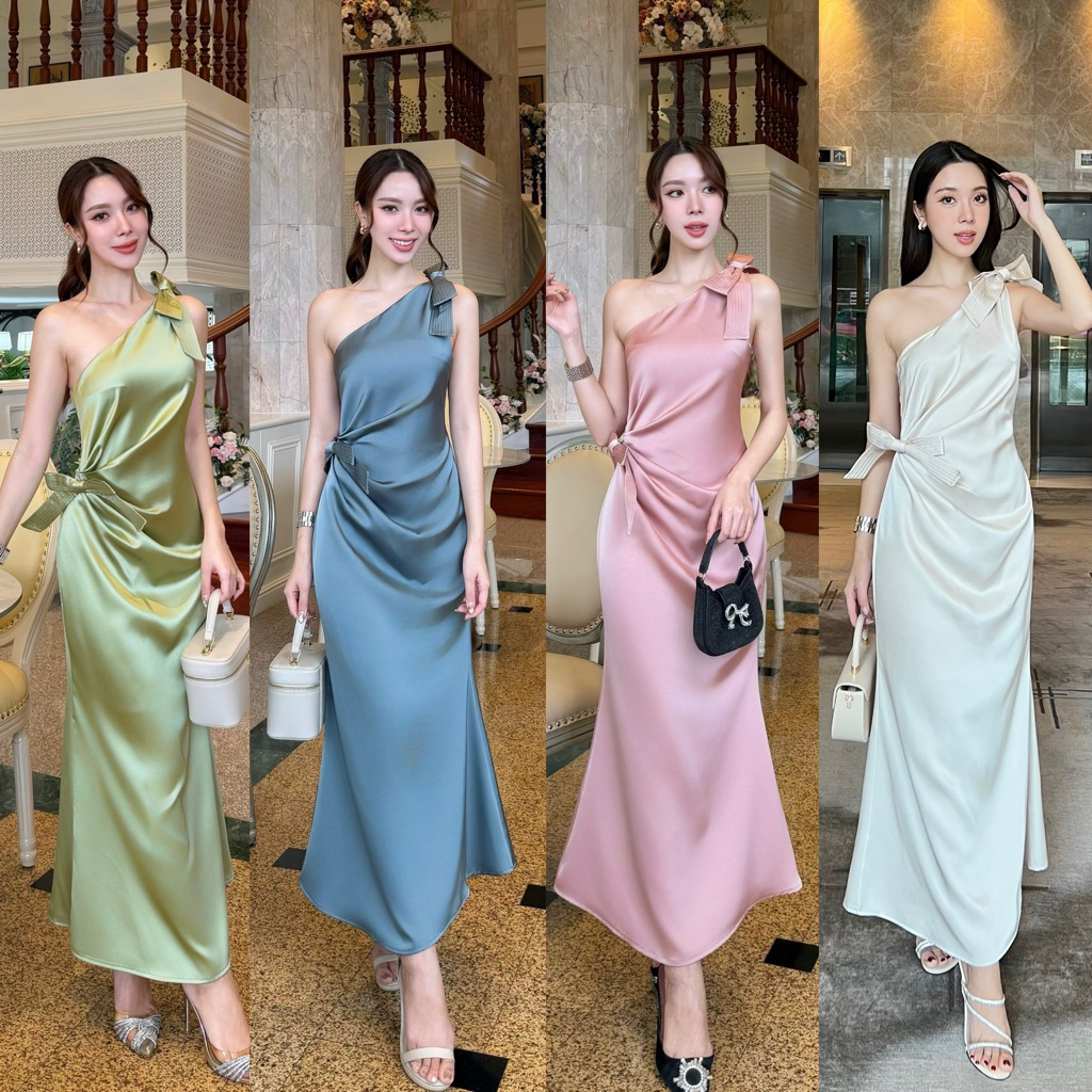 🏷️Red Carpet #R097 เดรสปาดไหล่ตกแต่งด้วยเข็มกลัดโบว์ เดรสซาติน เว้าไหล่ ชุดออกงาน ชุดเพื่อนเจ้าสาว