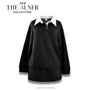 Thealner-AN138 (เซตเสื้อดำคอปกขาวแขนยาว+กระโปรง)