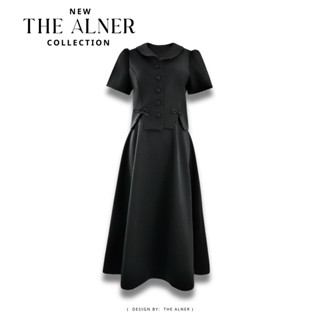 Thealner-AN564 (เซตเสื้อดำคอปกแต่งโบว์+กระโปรง)