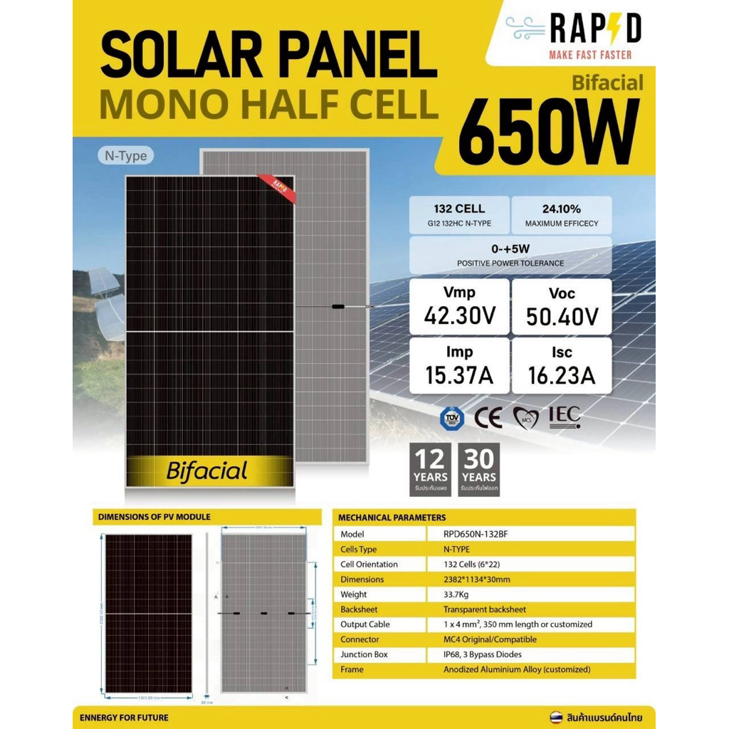 ส่งฟรีร้านส่งเอง แผงโซล่าเซลล์ 650w rapd mono halfcellใสรับเเดด2 ทาง