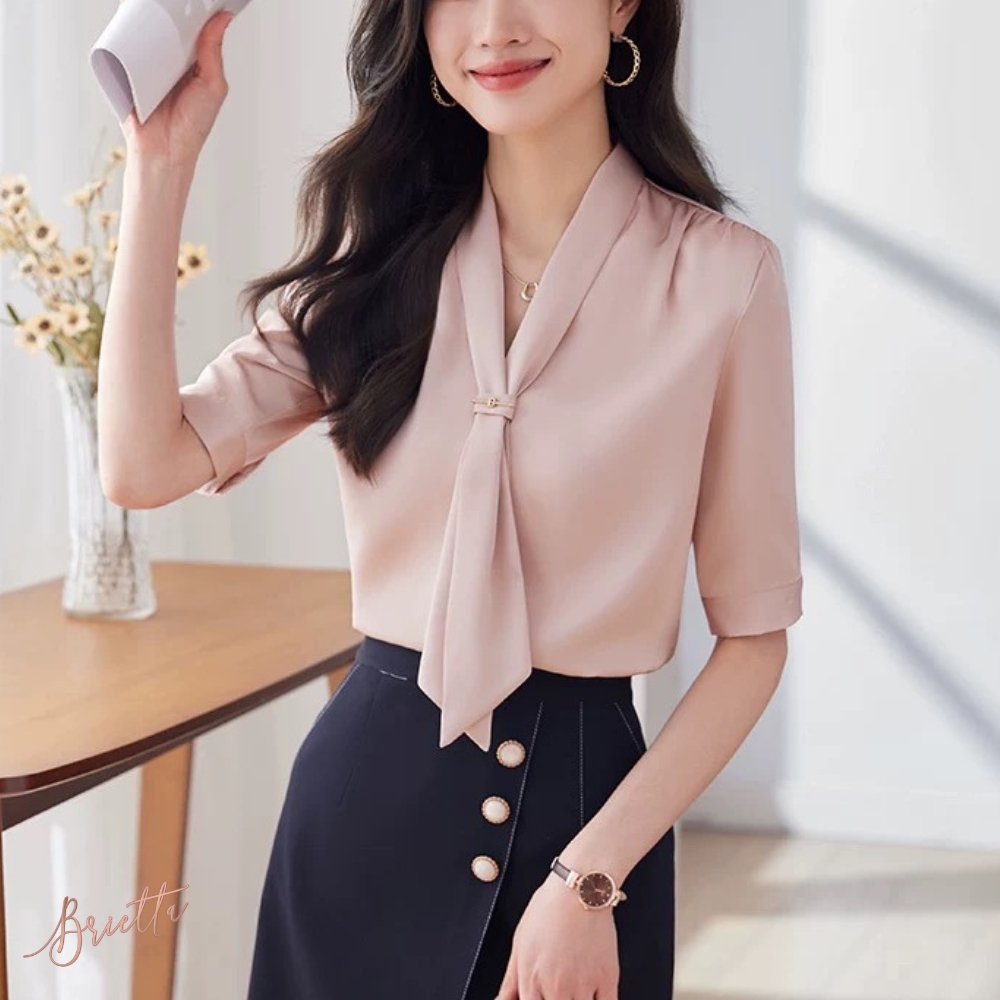 BTB353 - Pink tie short sleeve blouse เสื้อคอไทด์แขนสั้นสีชมพู