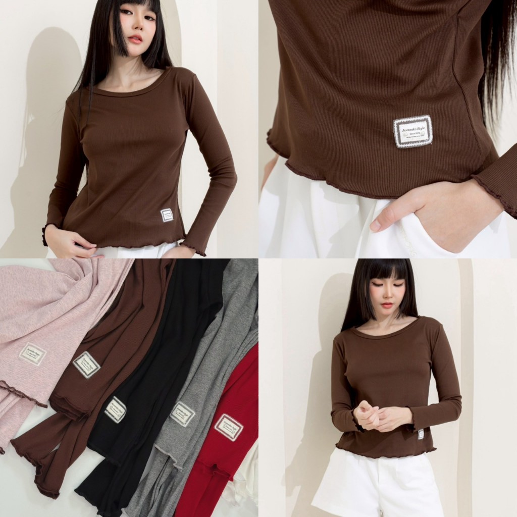 Jinny top เสื้อยืดแขนยาวแต่งโอริม (ผ้าร่อง) งานแต่งอะไหล่ลูกไม้ AOMMKOSHOP - S106
