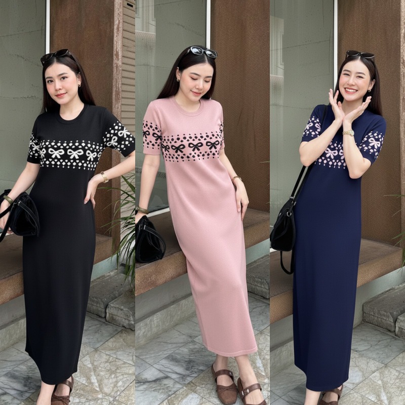 แม๊กซี่เดรส ผ้าไหมพรม ทรงคอกลมแขนสั้น ทอลายโบว์น่ารัก เรียบหรูดูแพง สาวอวบใส่ได้ รุ่น ฮอนด้า