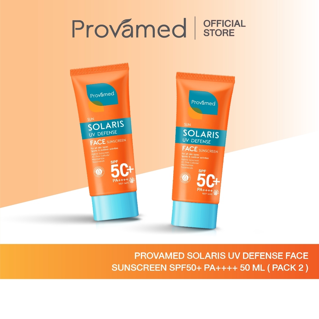 PACK 2 : PROVAMED SOLARIS UV DEFENSE FACE SUNSCREEN SPF50+ PA++++ 50ml. ราคา ถูกที่สุด ดีลบีเคเค