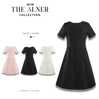 Thealner-AN082 (เดรสแขนสั้นกระดุมหน้าแต่งโบว์)