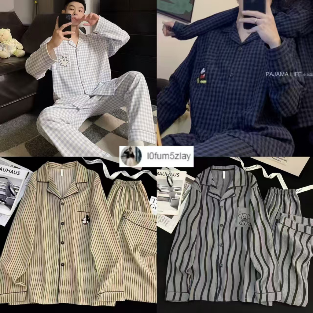 ชุดนอนผู้ชาย，ชุดนอนแขนยาวฤดูใบไม้ร่วง，ผ้าฝ้ายเมฆ，ลายการ์ตูน，ชุด 2 ชิ้น，ขายาว+เสื้อ，L-3XL
