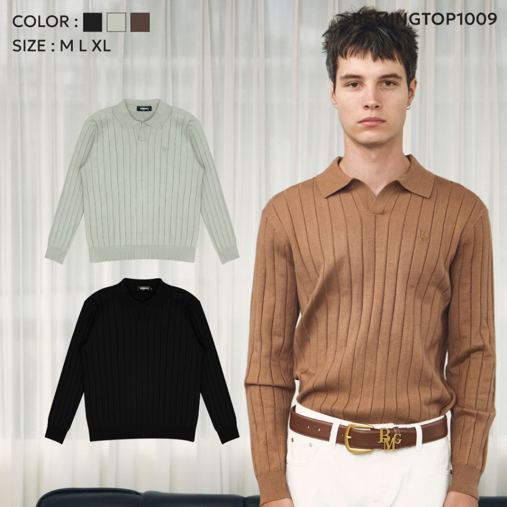 Bemingtop1009(M-XL)-BMG Prep Knit – เสื้อโปโลผู้ชายปักโลโก้ ที่ให้ลุคเรียบเท่แบบ Ivy minimal