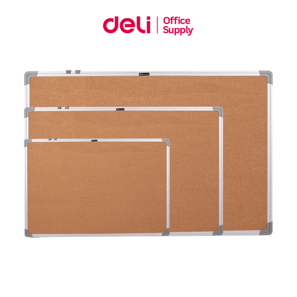 Deli กระดานไม้ก๊อก บอร์ดติดประกาศติดรูป กรอบอลูมิเนียมมุม ABS ขนาด 45×60/60×90/90×120 ซม Cork Board